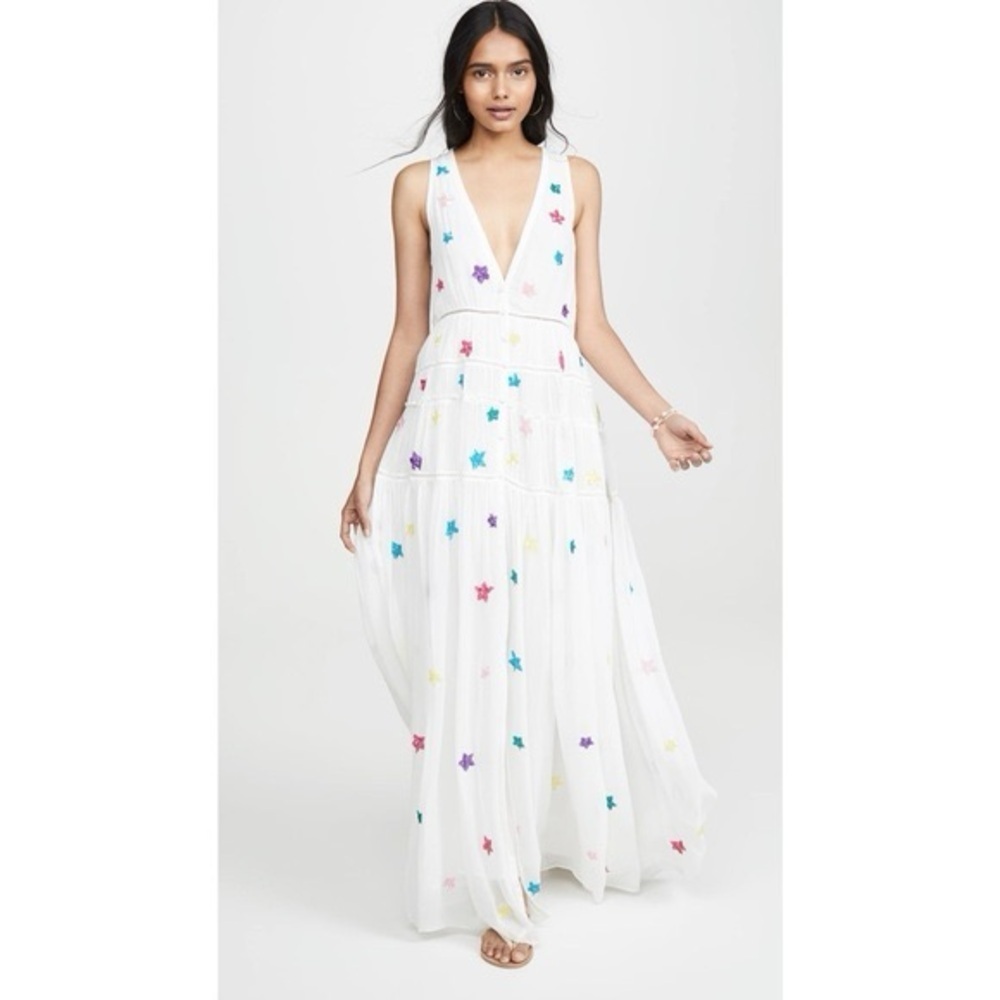 RARE Rococo Sand Embellished Star Maxi Dress NWT White Rainbow Stars S